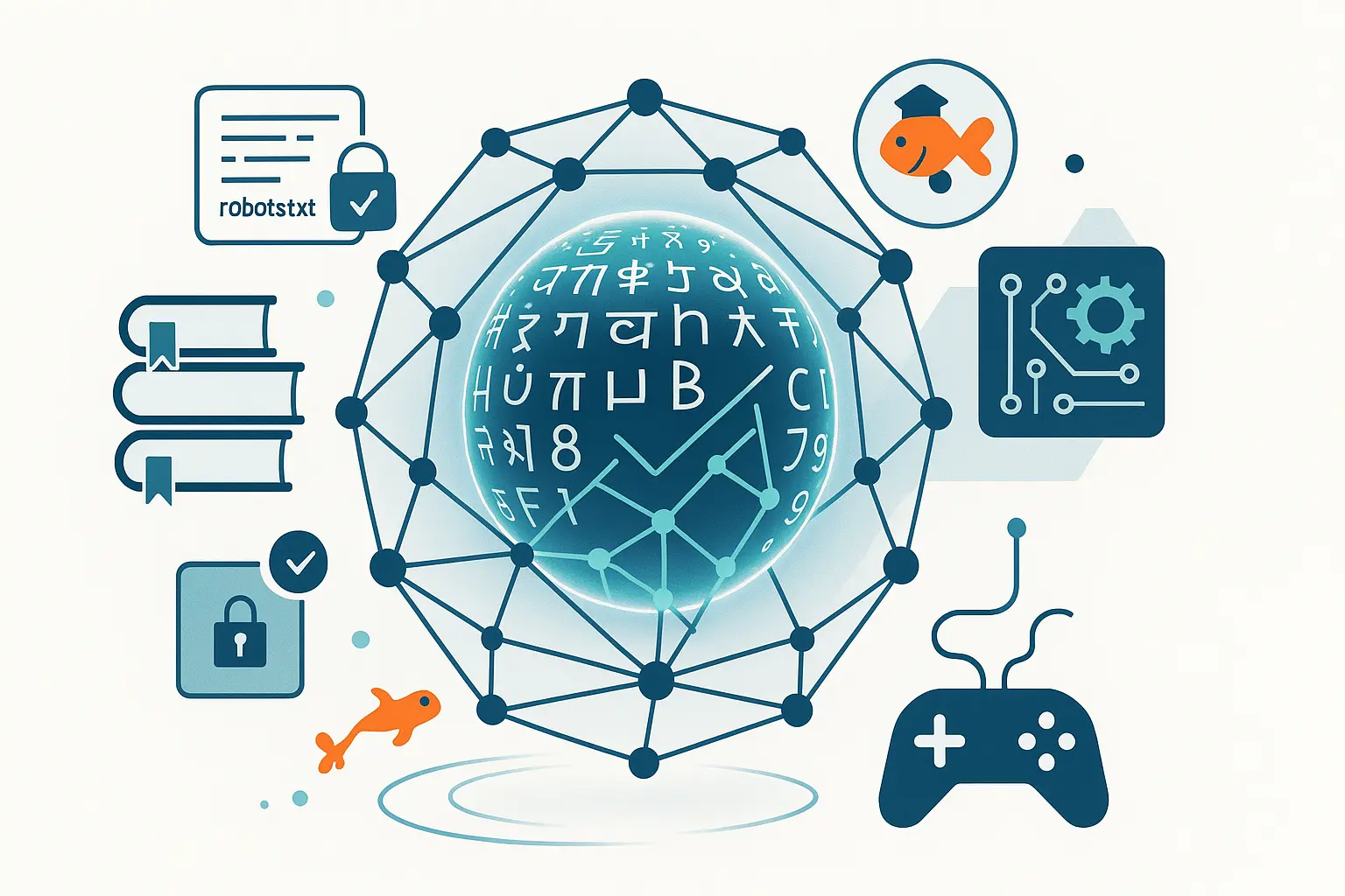 Globe formé d’alphabets variés entouré d’un réseau neuronal protecteur, avec cadenas et livres pour la conformité, un poisson Goldfish et une manette de jeu.