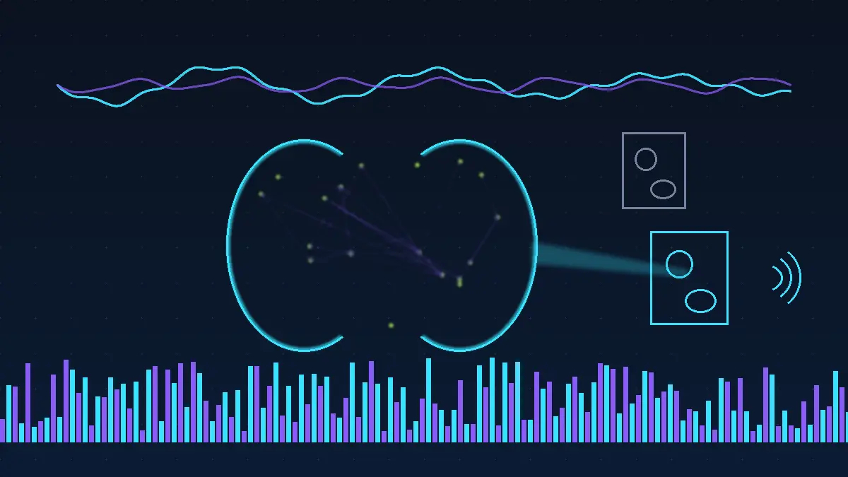Cerveau stylisé relié par un faisceau à un haut-parleur cible, ondes EEG en haut, barres façon spectrogramme en bas, avec un discret rappel manette pour le lien game design.