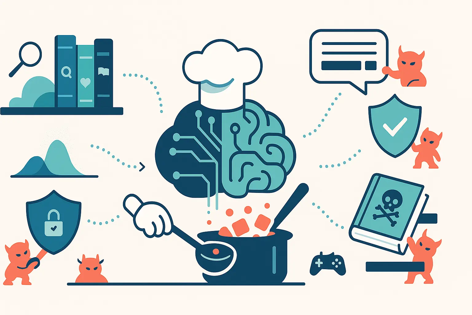 Illustration minimaliste : cerveau numérique avec toque de chef mélangeant des cubes, livres flottants (RAG), boucliers de sécurité et petits êtres malicieux symbolisant les attaques.