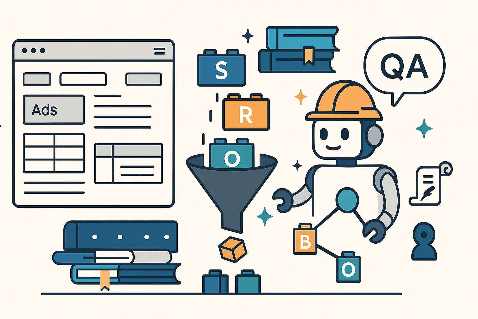 Illustration minimaliste : page web encombrée, entonnoir triant des blocs S-R-O, robot LLM casqué assemblant un graphe de connaissances, avec bulle