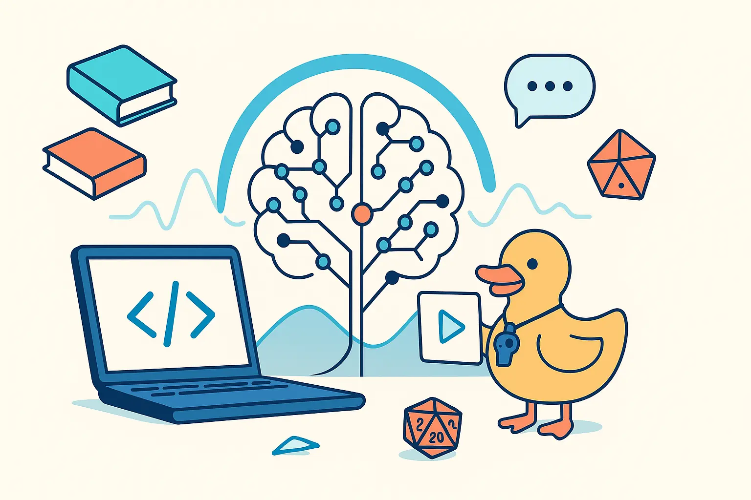 Illustration minimaliste : laptop affichant du code, cerveau stylisé en réseau de nœuds, canard coach, livres flottants, dé à 20 faces et onde en arrière-plan.
