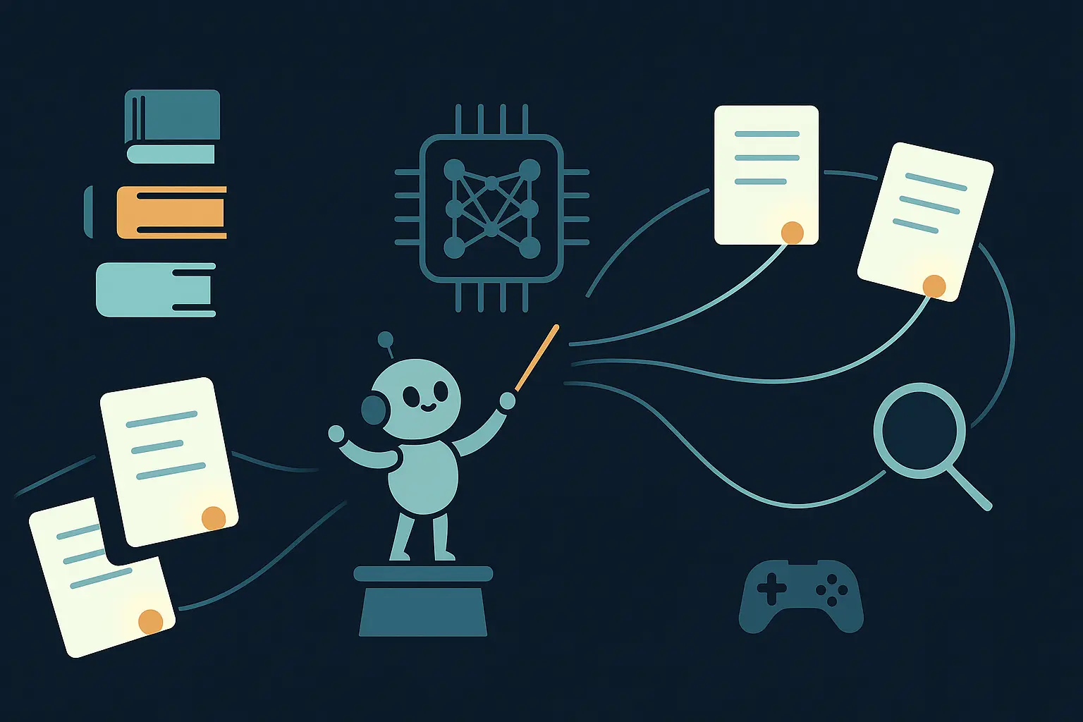 Illustration minimaliste : robot chef d’orchestre guidant des documents reliés, puce neuronale et loupe — un reranker qui fait dialoguer requête et sources.