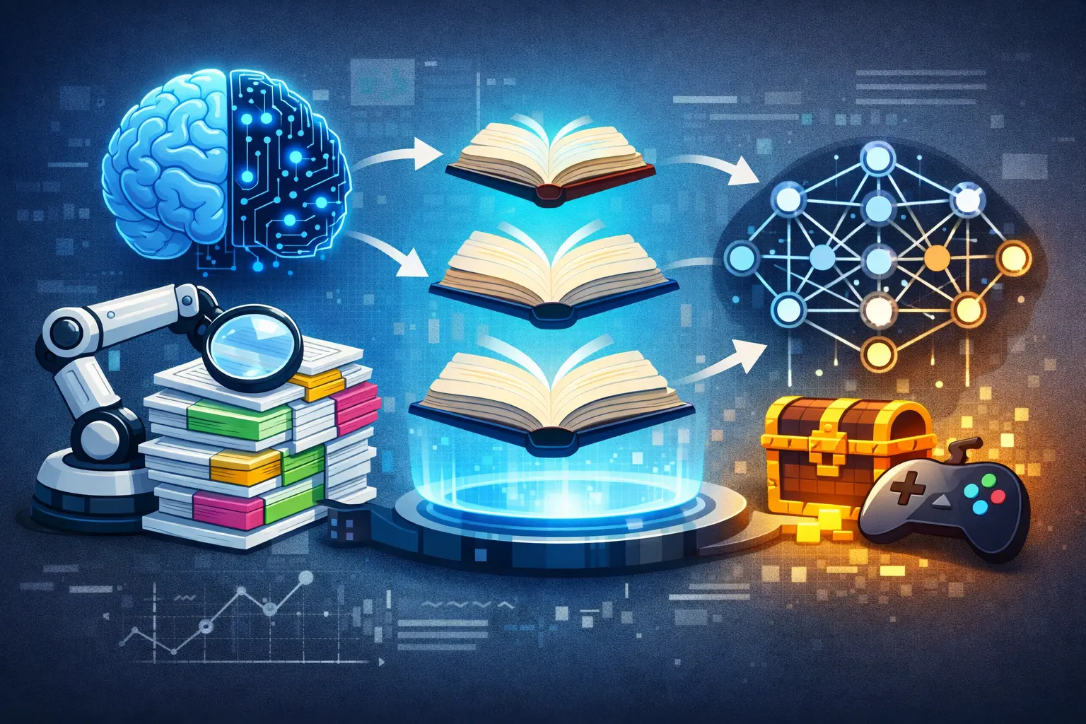 Illustration d’un système RAG où une IA analyse des piles de documents, les découpe en segments adaptés puis les relie à un réseau de neurones.
