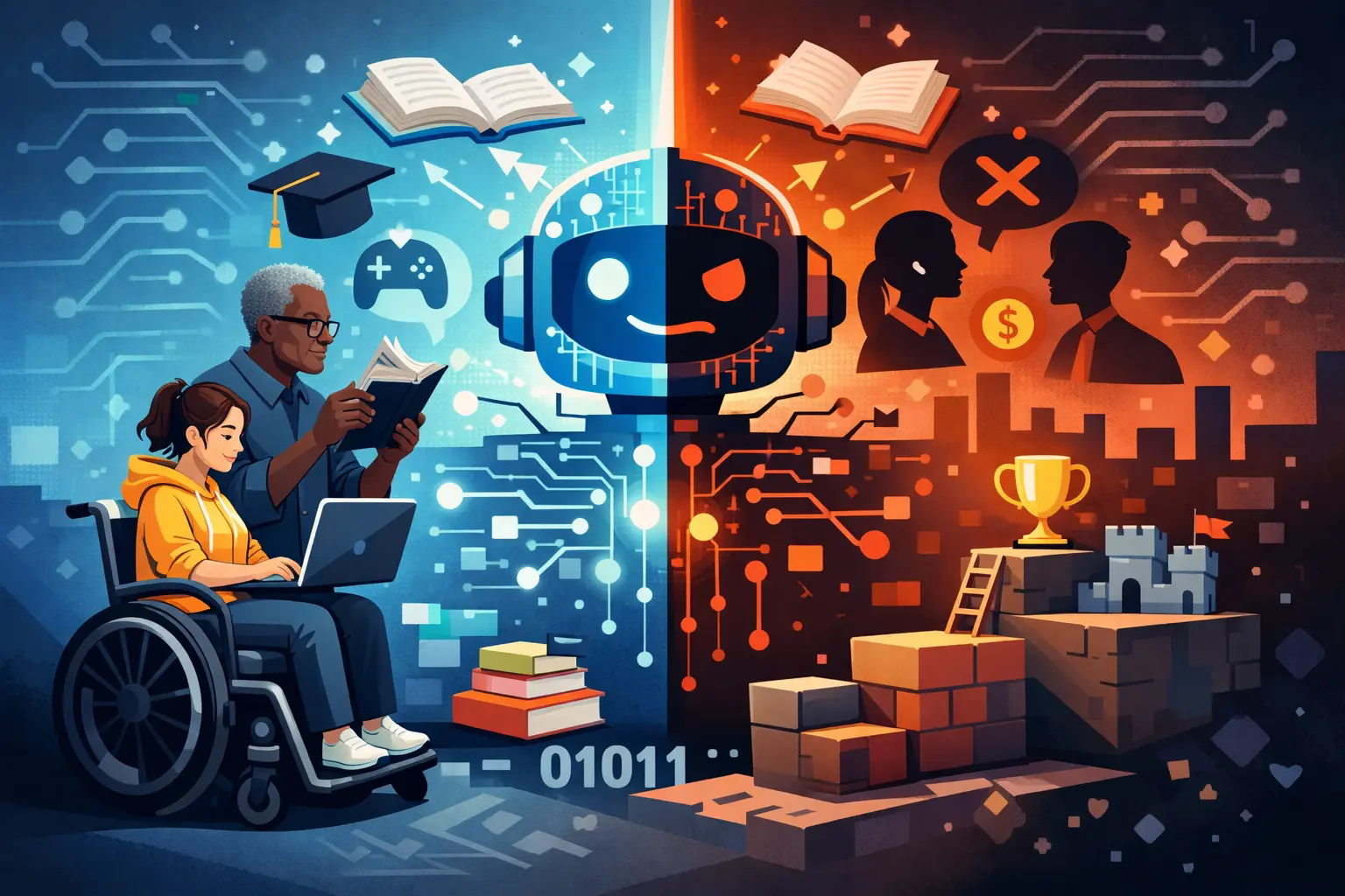 Illustration minimaliste d’une IA scindée en deux mondes : à gauche l’accessibilité et l’apprentissage, à droite les biais, l’exclusion et des mécaniques de jeu.