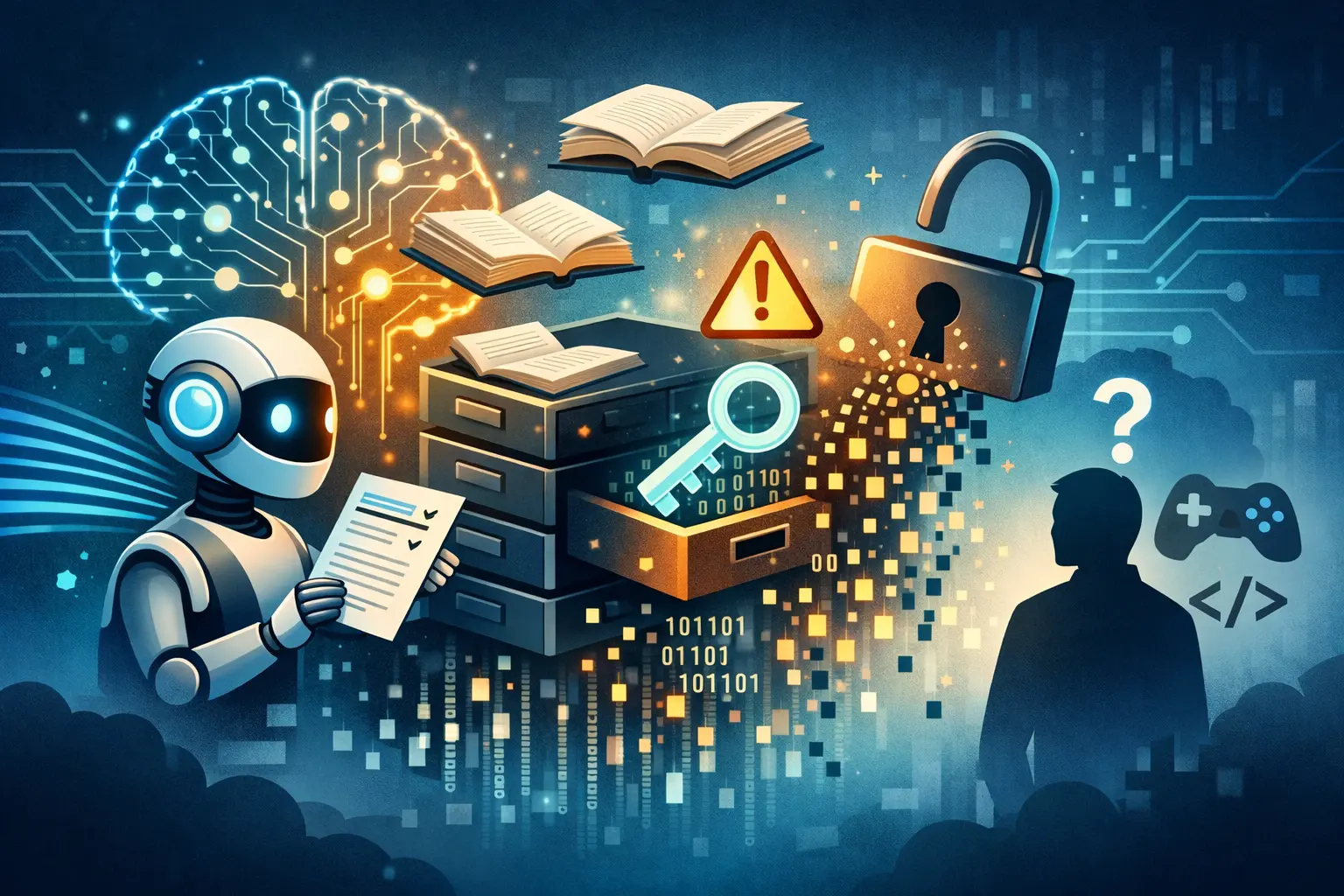 Illustration d’un agent IA tenant une checklist, face à un coffre de données qui fuit, avec cadenas ouvert, livres flottants et symboles de code.