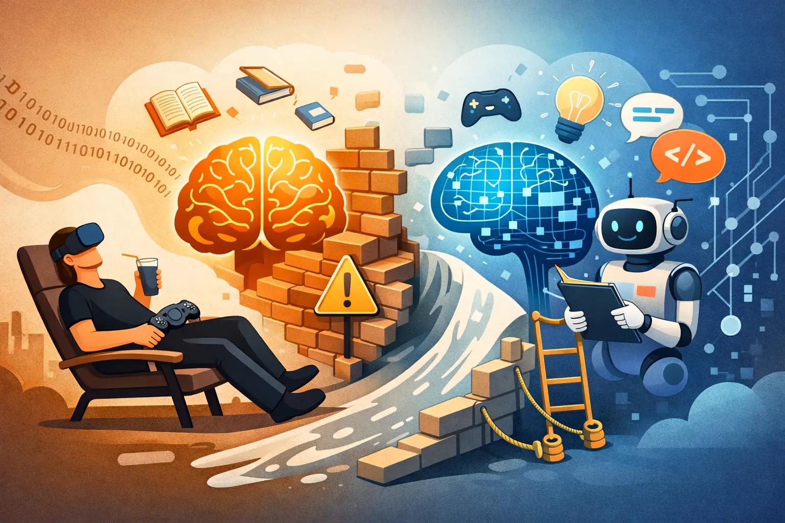 Illustration 16:9 d’un humain détendu face à une IA, séparés par un mur symbolique entre cerveau organique et cerveau numérique.
