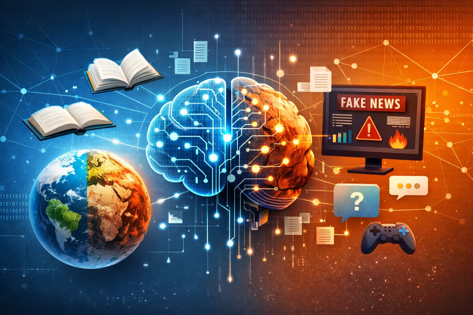 Illustration minimaliste d’un cerveau numérique reliant la Terre, des documents flottants et un écran de fausse information sur fond de réseau.