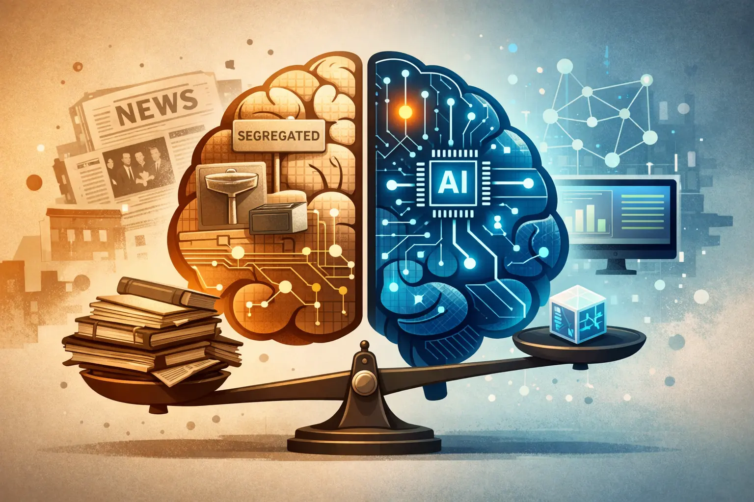 Illustration 16:9 : cerveau coupé en deux, archives de presse sépia à gauche, circuits et puce