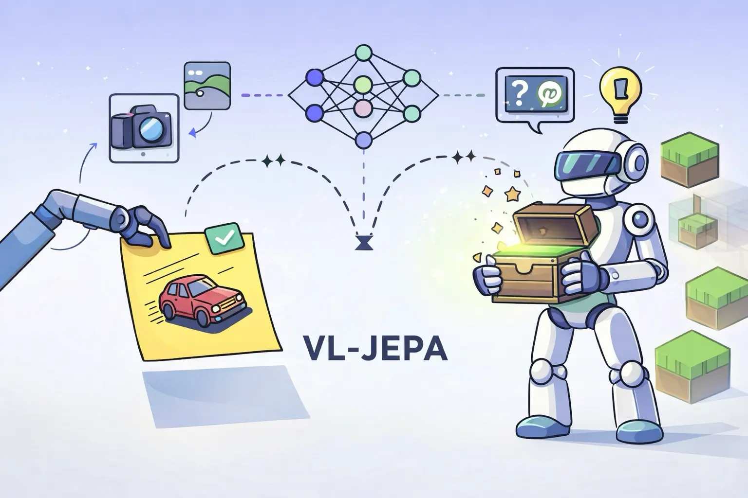 Illustration minimaliste : un bras robot tient un Post-it (embedding), un réseau de neurones relie une caméra à un robot ouvrant un coffre, clin d’œil jeu.