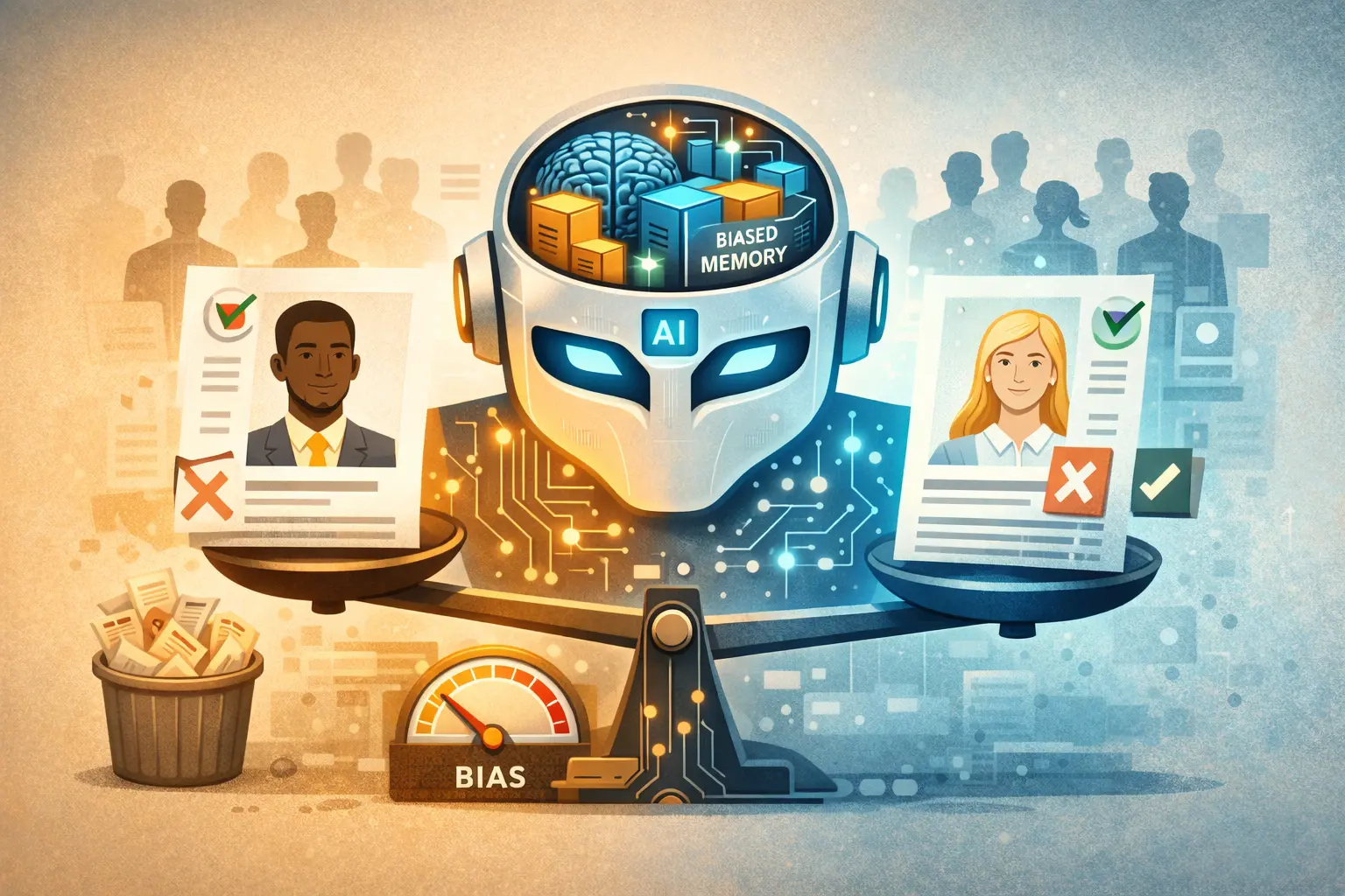 Illustration minimaliste : robot recruteur avec blocs de mémoire
