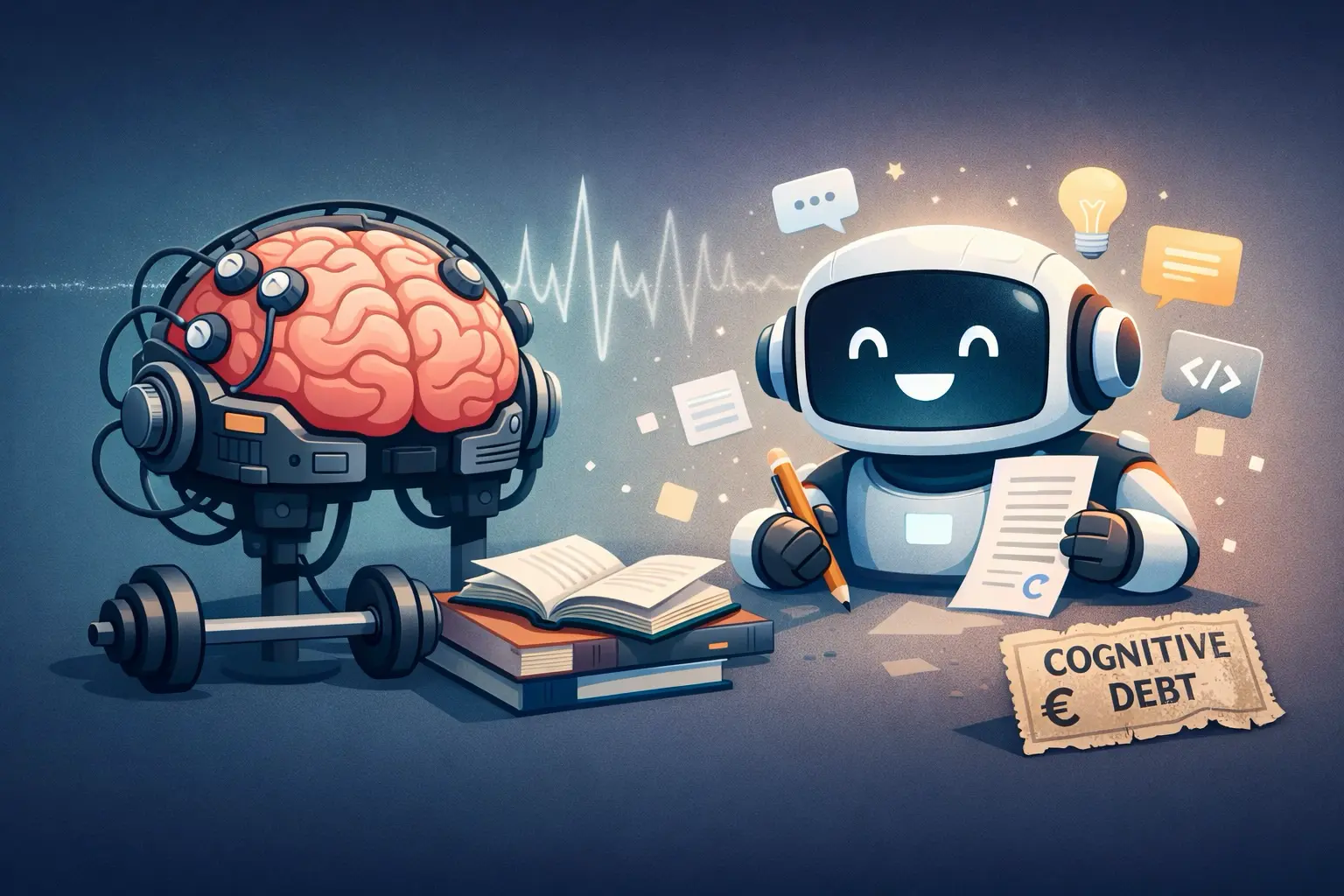 Illustration minimaliste : cerveau avec casque EEG relié à un petit robot souriant, ligne EEG qui s’atténue et ticket « cognitive debt ».