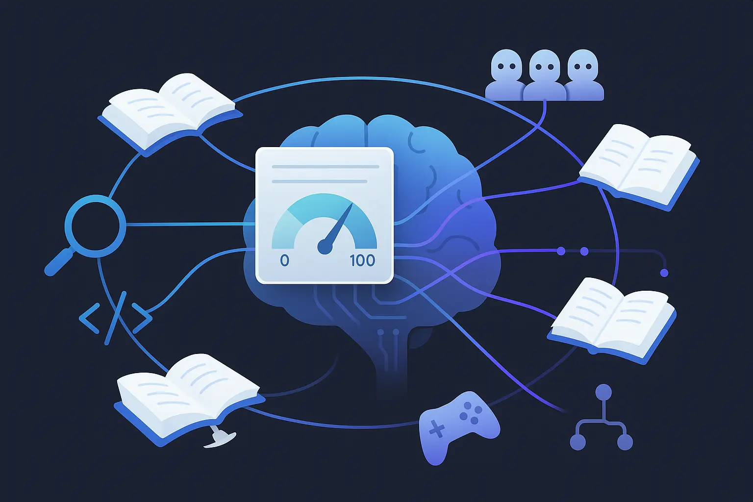 Cerveau numérique central relié à des livres flottants ; jauge 0–100 de pertinence au premier plan, loupe, icône de graphe et manette de jeu, style minimal tech.