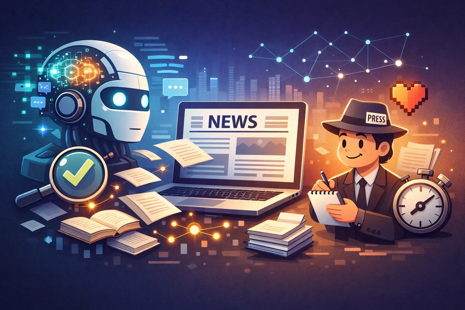 Illustration minimaliste : tête de robot lumineuse face à un journaliste, laptop