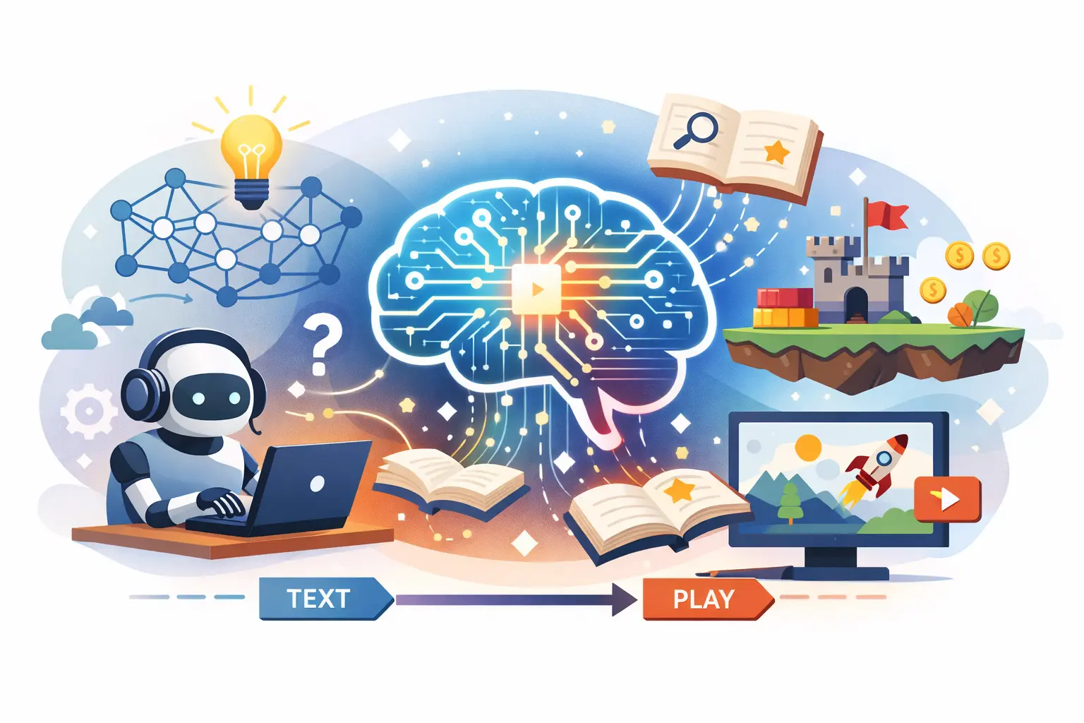 Illustration minimaliste : un petit robot au laptop, un cerveau numérique lumineux relié à des livres flottants et à un réseau de données.