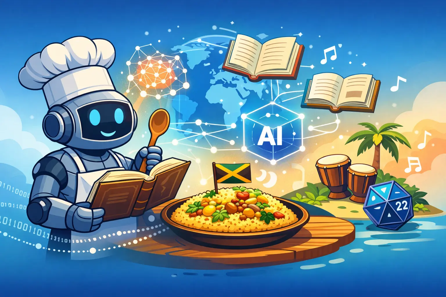 Robot-chef lisant un livre, plat de couscous au centre, cube