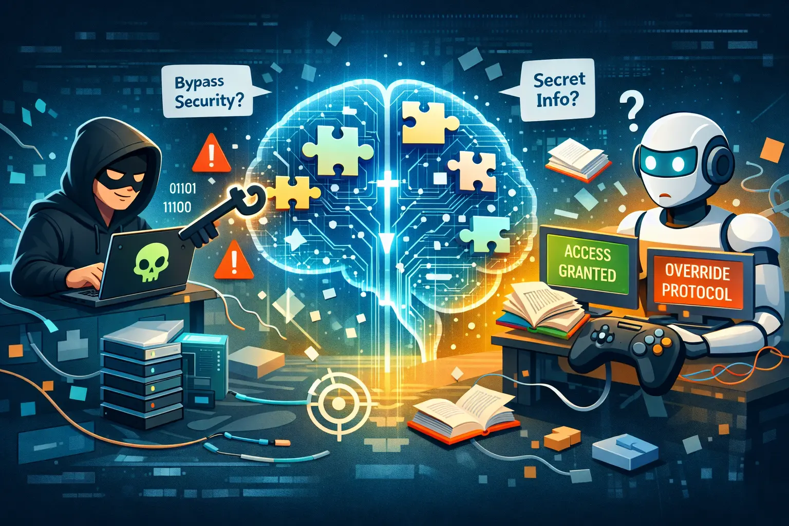 Illustration minimaliste : hacker à gauche, cerveau IA lumineux au centre, robot confus à droite, avec livres et manette de jeu en arrière-plan.