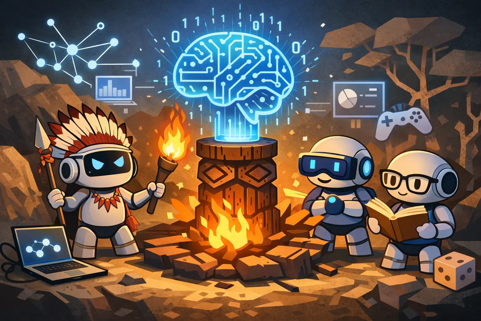 Illustration minimaliste : trois petits robots autour d’un feu et d’un cerveau numérique lumineux, évoquant tribalisme, IA multi-agents et surcharge.
