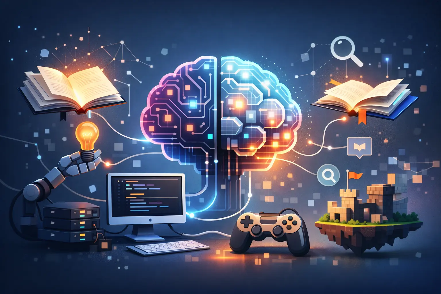 Illustration 16:9 d’un cerveau numérique relié à des livres flottants et des icônes de recherche, avec une manette et un château pixelisé en clin d’œil game design.