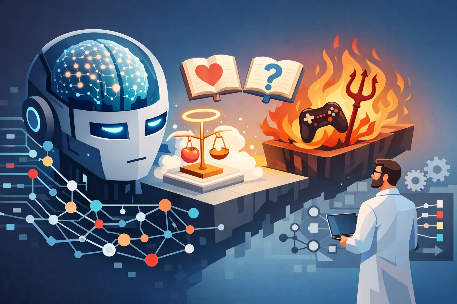 Illustration minimaliste d’une tête robotique face à une balance morale, des livres ouverts et un chercheur, pour évoquer l’indifférence morale des LLM.