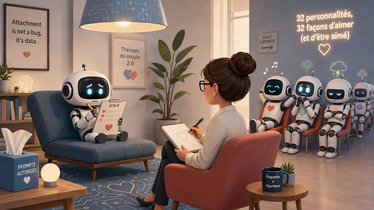 Illustration minimaliste : un petit robot assis sur un divan de psychologue, remplissant un questionnaire orné d'un cœur, face à une psychologue qui prend des notes.