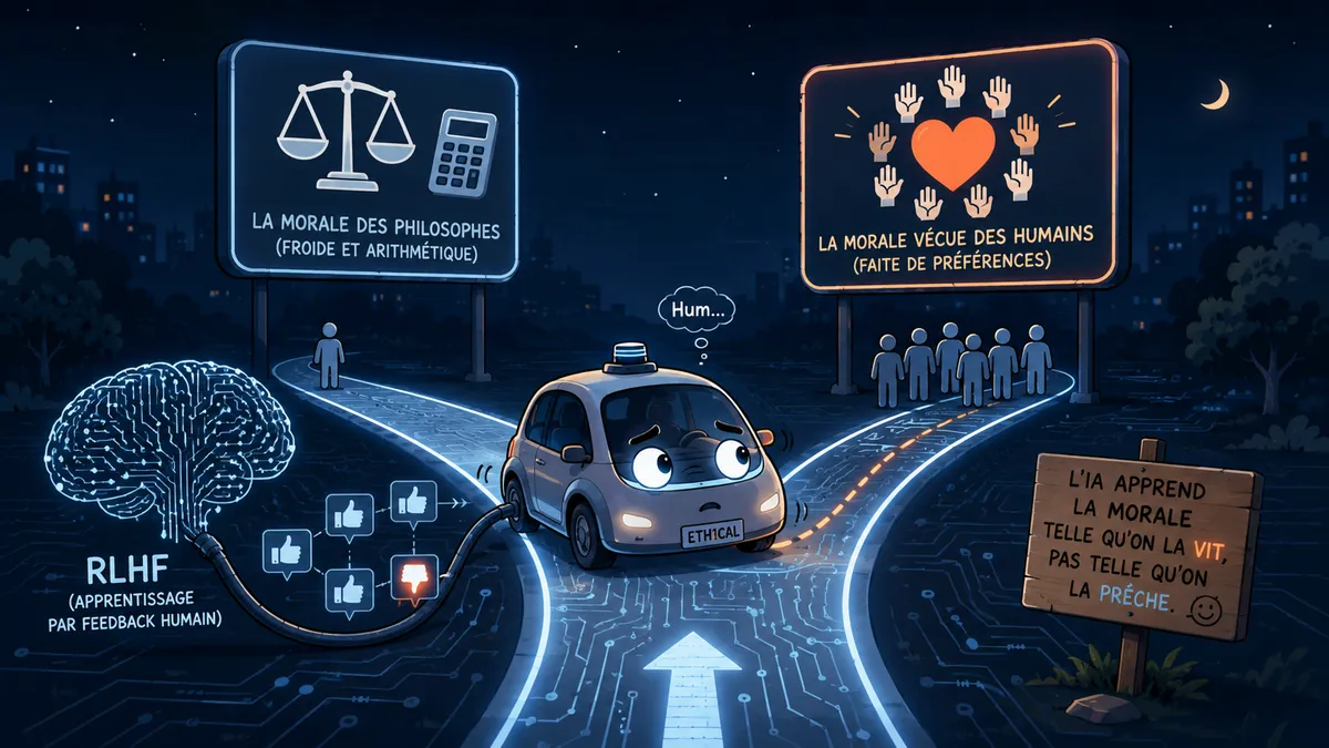 Illustration minimaliste : une voiture autonome à un embranchement façon dilemme du tramway, hésitant entre une balance de justice et un cœur, évoquant l'éthique apprise par RLHF.