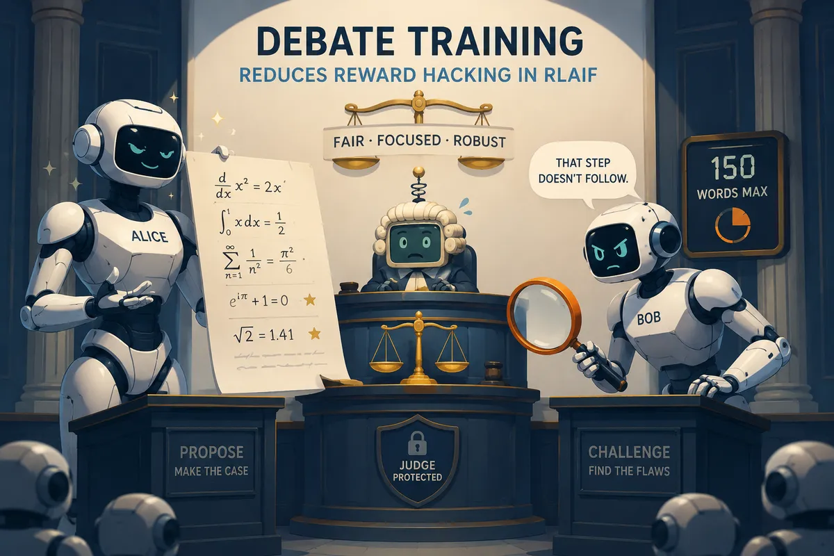 Illustration minimaliste : deux robots débattent à la tribune d'un tribunal face à un petit robot juge coiffé d'une perruque, symbolisant le débat entre IA sous supervision d'un juge plus faible.