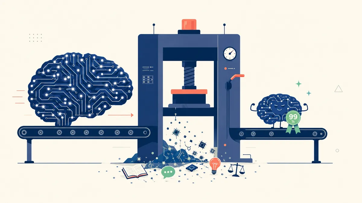 Illustration minimaliste : un grand cerveau numérique passe dans une presse et ressort plus petit ; des fragments de connaissances tombent au sol tandis que le petit cerveau affiche un badge « 99 % conforme », symbolisant les pertes invisibles de la compression des LLM.
