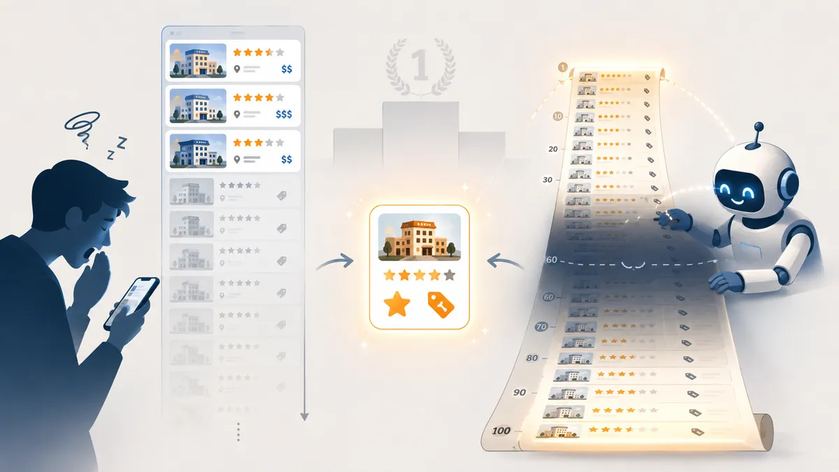 Illustration minimaliste d'un robot assistant lisant d'un seul regard une longue liste de 100 fiches d'hôtel, avec le haut et le bas de la liste éclairés, le milieu dans l'ombre, et une fiche unique entourée d'un halo au centre de son attention.