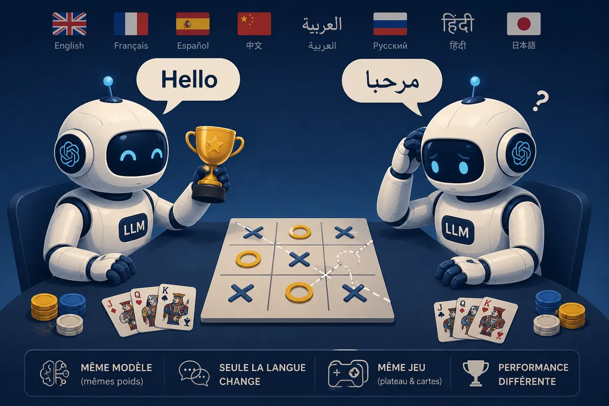 Deux robots identiques assis face à face autour d'un plateau de morpion, l'un avec une bulle de dialogue en anglais, l'autre avec une bulle en hébreu ; le premier tient une coupe, le second regarde le plateau d'un air perplexe