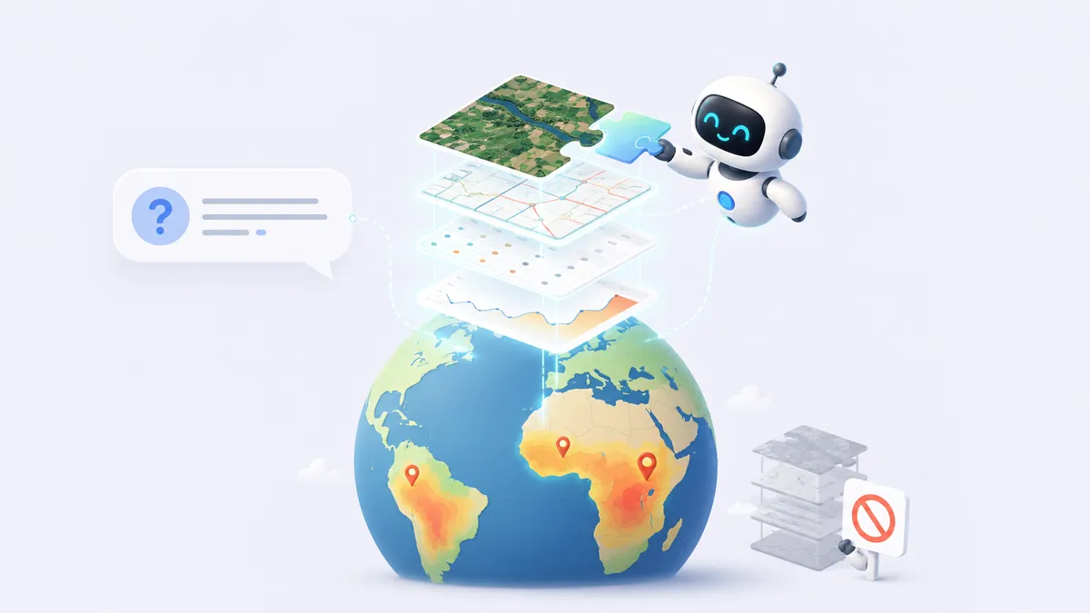 Illustration minimaliste d'un globe terrestre stylisé au-dessus duquel un petit robot assemble des couches flottantes de données (images satellite, cartes, tableaux de chiffres) comme des pièces de puzzle, avec une bulle de dialogue contenant une question et, sur le globe, des zones colorées indiqua