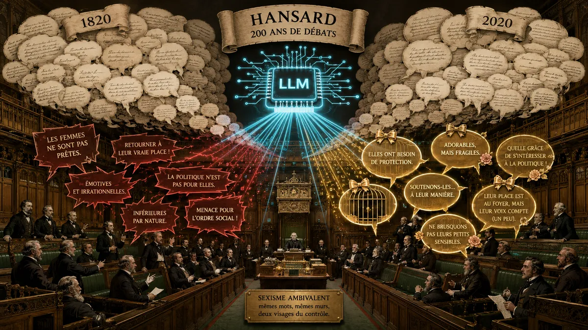 Illustration stylisée d'un hémicycle parlementaire victorien dont les discours, matérialisés en phylactères de papier jauni, sont scannés par un faisceau lumineux issu d'une puce d'IA, triant les bulles en deux piles étiquetées hostile et bienveillant