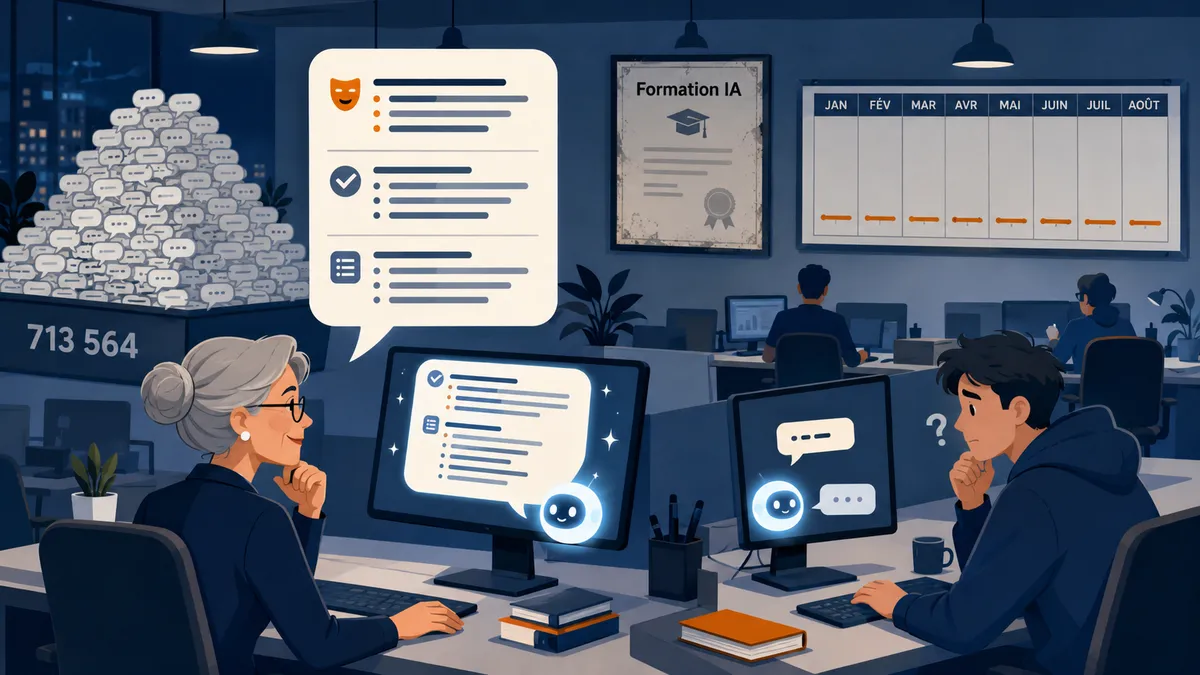 Illustration stylisée d'un open space vu en coupe où les bulles de dialogue des employés, courtes ou longues et structurées, sont pesées sur une balance lumineuse tenue par une IA-correctrice munie d'un barème