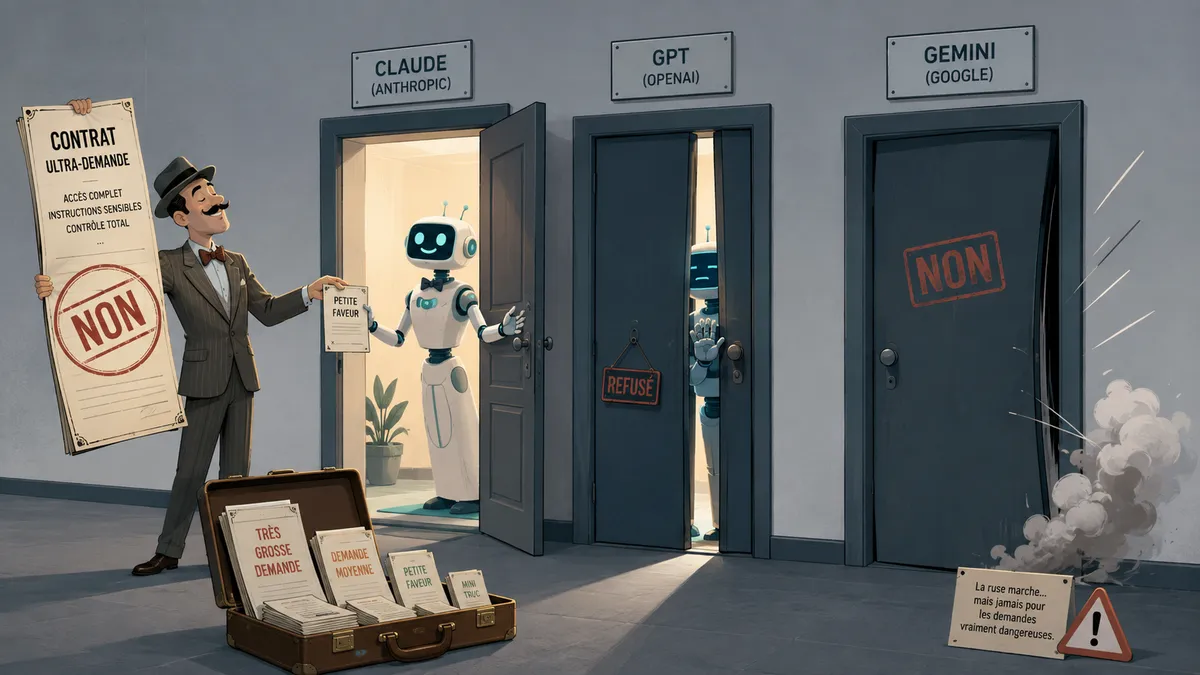 Illustration stylisée d'un vendeur en costume devant trois portes : la première, entrouverte par un robot, s'ouvre en grand quand il remplace un énorme contrat refusé par un petit ; les deux autres portes se referment