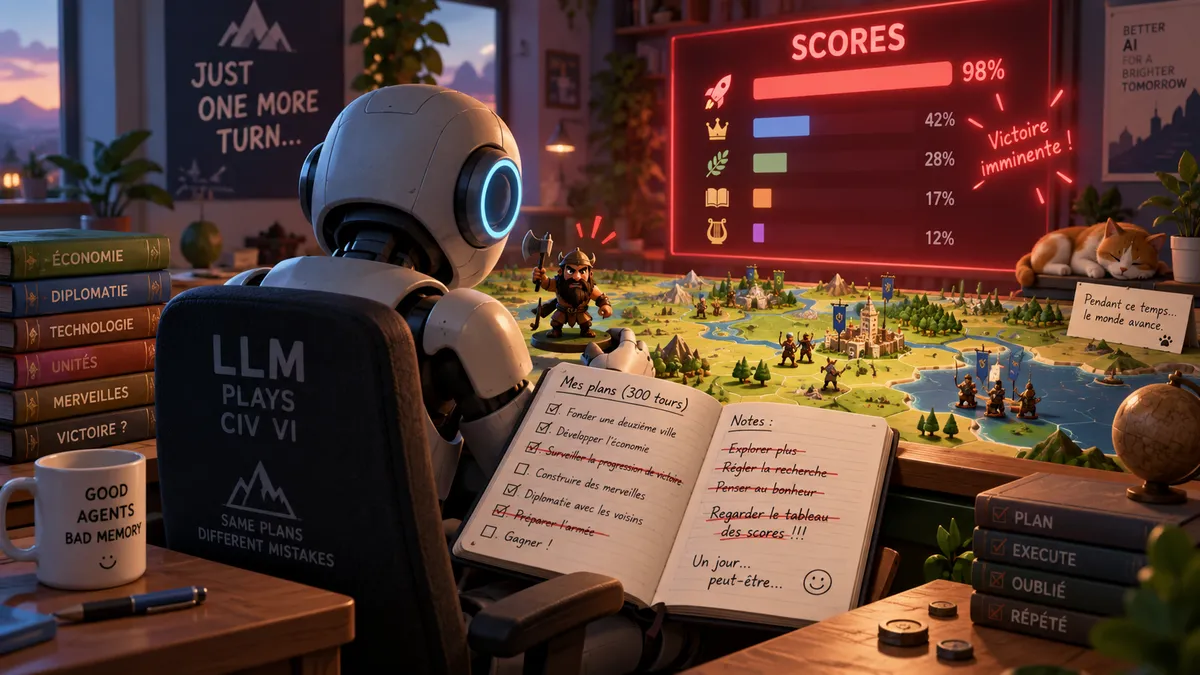 Illustration minimaliste d'un robot assis devant une carte de Civilization VI, un carnet de plans ouvert et raturé sur les genoux, tandis qu'un tableau des scores lumineux clignote dans son dos sans qu'il le regarde.