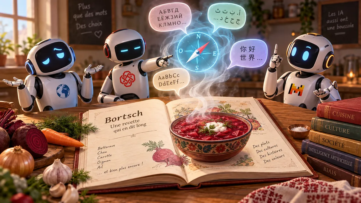 Illustration minimaliste : un livre de recettes ouvert d'où s'élève de la vapeur formant une boussole dont l'aiguille hésite entre plusieurs bulles de langues, observée par trois robots stylisés aux expressions différentes