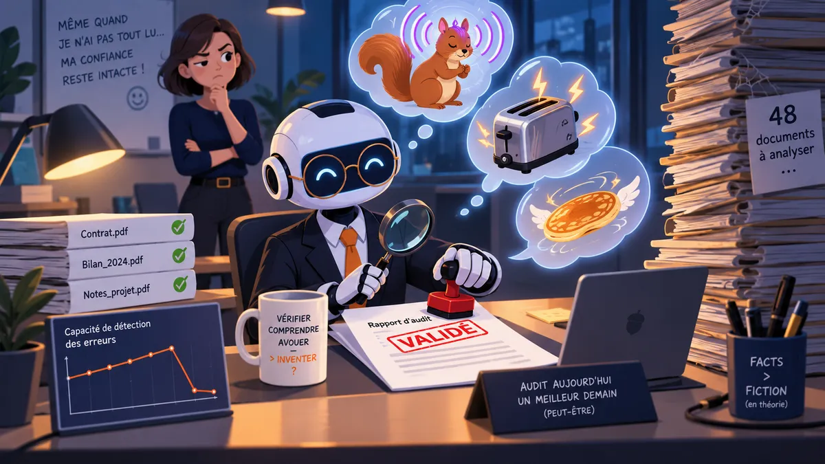 Un robot auditeur en costume, loupe à la main, tamponne « VALIDÉ » sur une pile de documents pendant qu'un écureuil télépathe et un grille-pain quantique s'échappent de ses notes, sous le regard perplexe d'un humain.