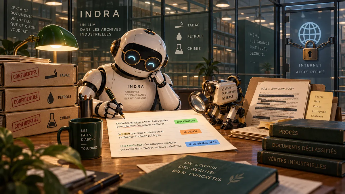 Un robot bibliothécaire assis dans une salle de lecture aux murs vitrés, entouré de piles de dossiers estampillés « confidentiel », posant des étiquettes colorées sur chaque phrase qu'il écrit, tandis que la porte vers Internet est verrouillée.