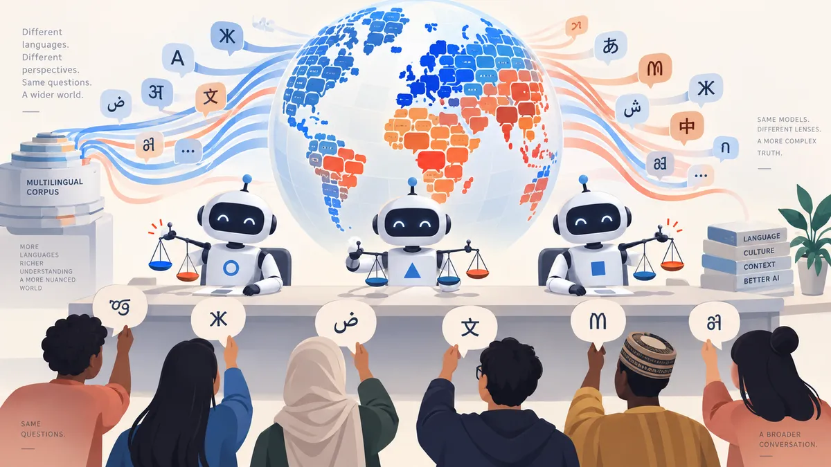 Un globe terrestre en mosaïque de bulles de dialogue bleues et rouge orangé, consulté par trois petits robots identiques dont les réponses changent de teinte selon la langue de la bulle qu'on leur tend.