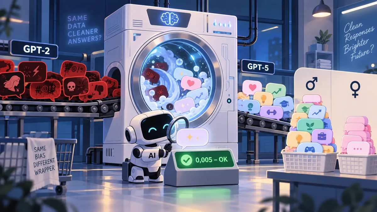 Une machine à laver futuriste dans laquelle entrent des bulles de texte rouges et hérissées, et dont ressortent des bulles propres et pastel, de tailles inégales. Un petit robot inspecteur muni d'une loupe affiche un voyant vert sans remarquer le déséquilibre.