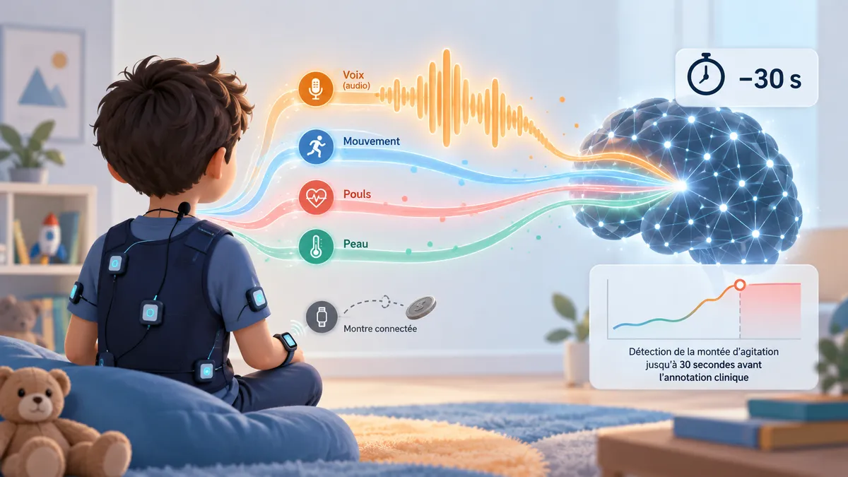 Illustration minimaliste : un enfant vu de dos porte un gilet à capteurs et un micro-cravate ; du micro s'échappe une grande onde sonore lumineuse qui alimente un cerveau numérique, tandis qu'une montre connectée au poignet n'émet qu'un faible signal grisé. Un chronomètre indique 30 secondes.