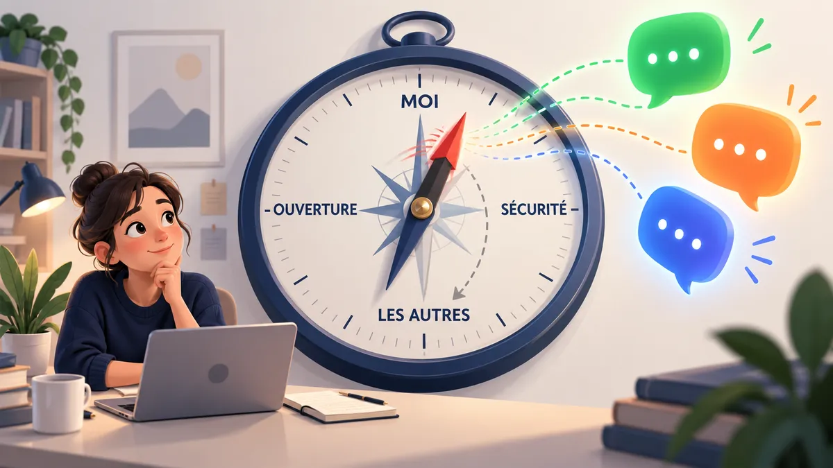 Une boussole stylisée dont l'aiguille, attirée par trois bulles de conversation lumineuses représentant des assistants IA, dévie du pôle « autres » vers le pôle « moi », pendant qu'une personne assise réfléchit devant un écran.