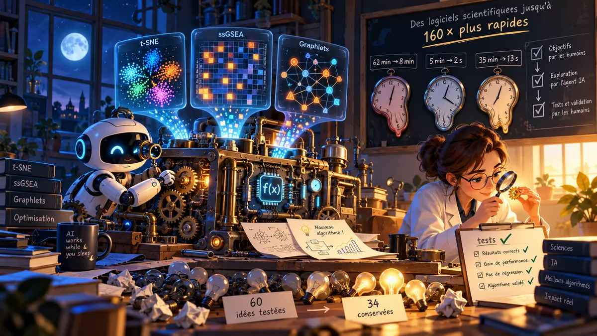 Un petit robot travaille de nuit dans un atelier d'horloger, penché sur un vieux moteur de calcul scientifique, pendant qu'une chercheuse contrôle la pièce finie à la loupe. Au mur, trois chronomètres affichent des temps qui fondent.