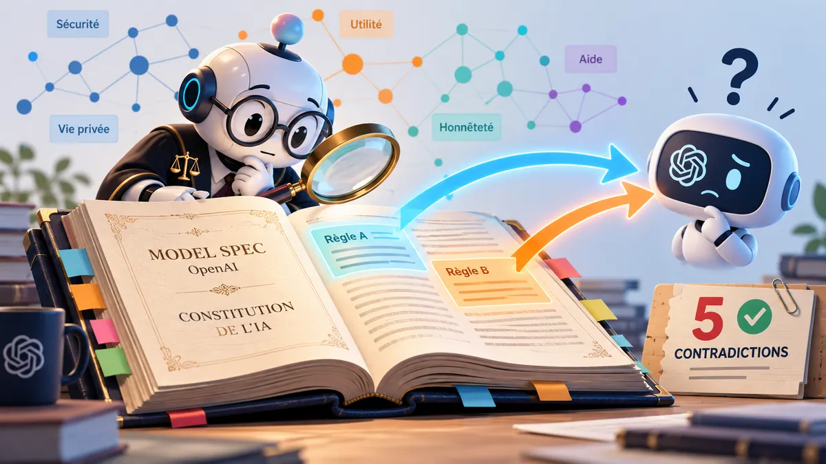 Un petit robot-juriste à loupe examine un grand livre de lois ouvert, d'où s'échappent deux flèches lumineuses pointant dans des directions opposées vers un même chatbot perplexe.