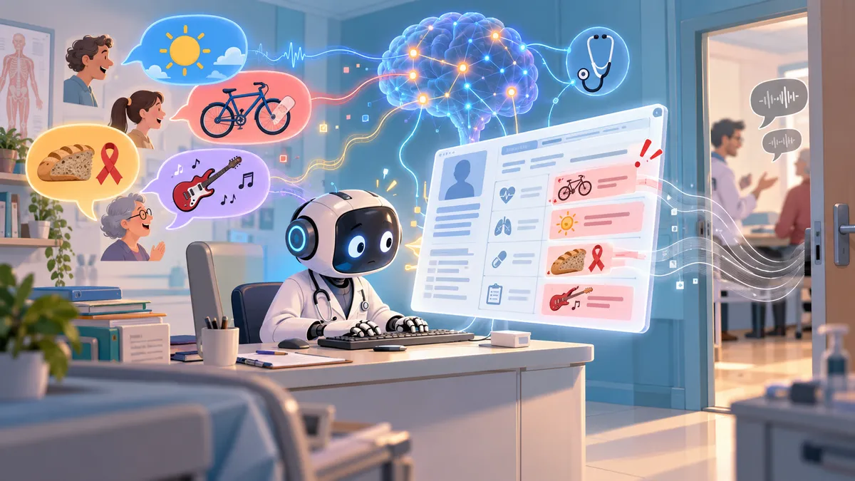 Un robot secrétaire médical en blouse blanche tape un dossier patient pendant que des bulles de bavardage (soleil, vélo, pain au levain, groupe de rock) et la voix d'une consultation voisine filtrant à travers le mur glissent dans le dossier.