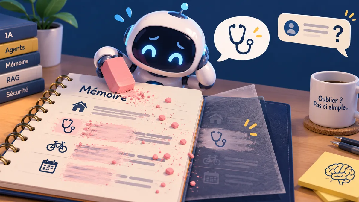 Un robot assistant tente d'effacer une note dans un grand carnet de mémoire, mais la gomme efface aussi les pages voisines tandis qu'un carbone de la note effacée dépasse encore du carnet.